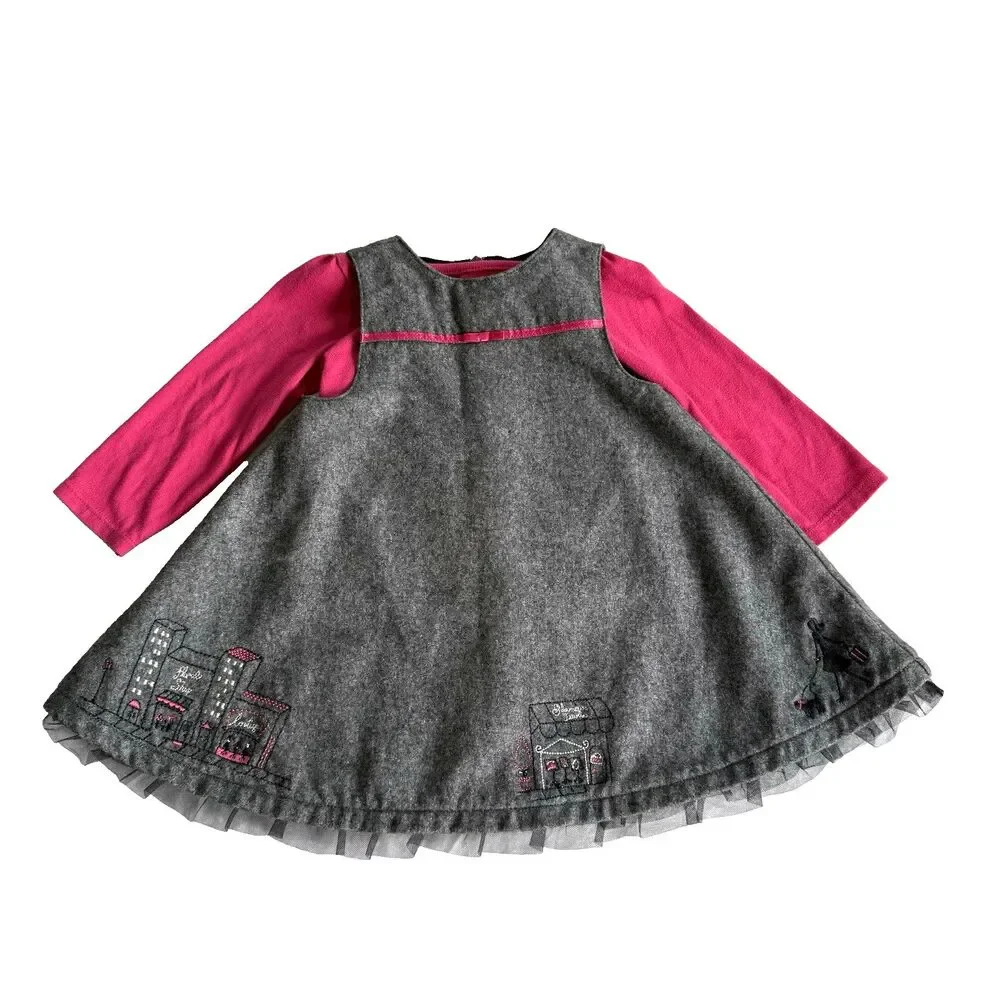 Y2K Girls Gymboree Gray Wool Blend Jumper Dress City France Pink Twirl Sz 6-12M